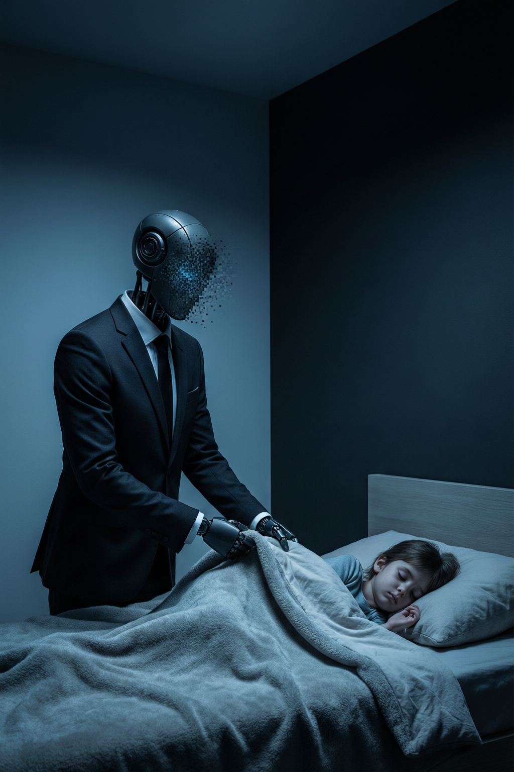 ChillyParent 概念海报 — 穿西装的机器人为孩子盖被子